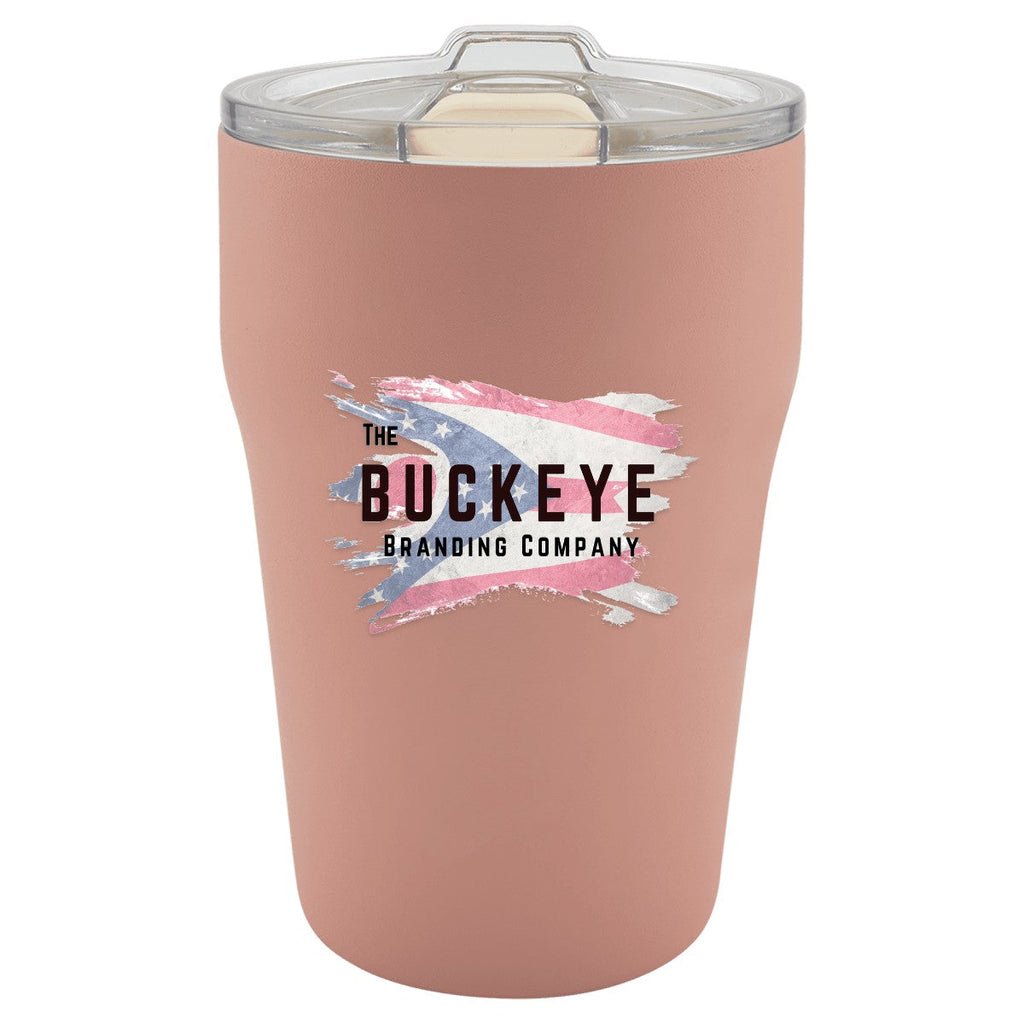13 oz. ceramic-lined stackable tumbler in Dusty Rose, UV printed with a full-color sample logo