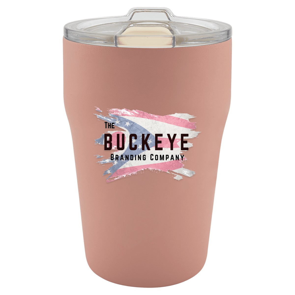 13 oz. ceramic-lined stackable tumbler in Dusty Rose, UV printed with a full-color sample logo