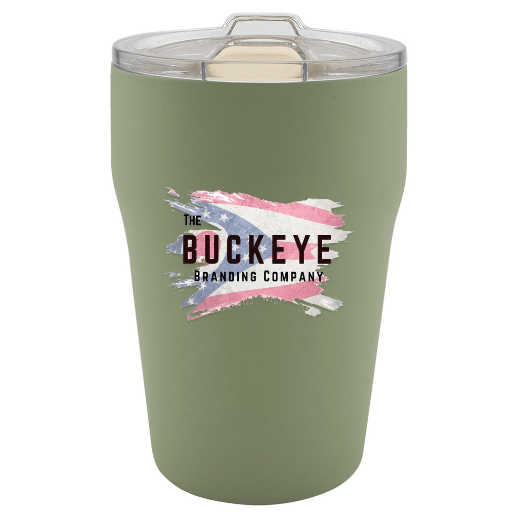13 oz. ceramic-lined stackable tumbler in Summer Sage, UV printed with a full-color sample logo