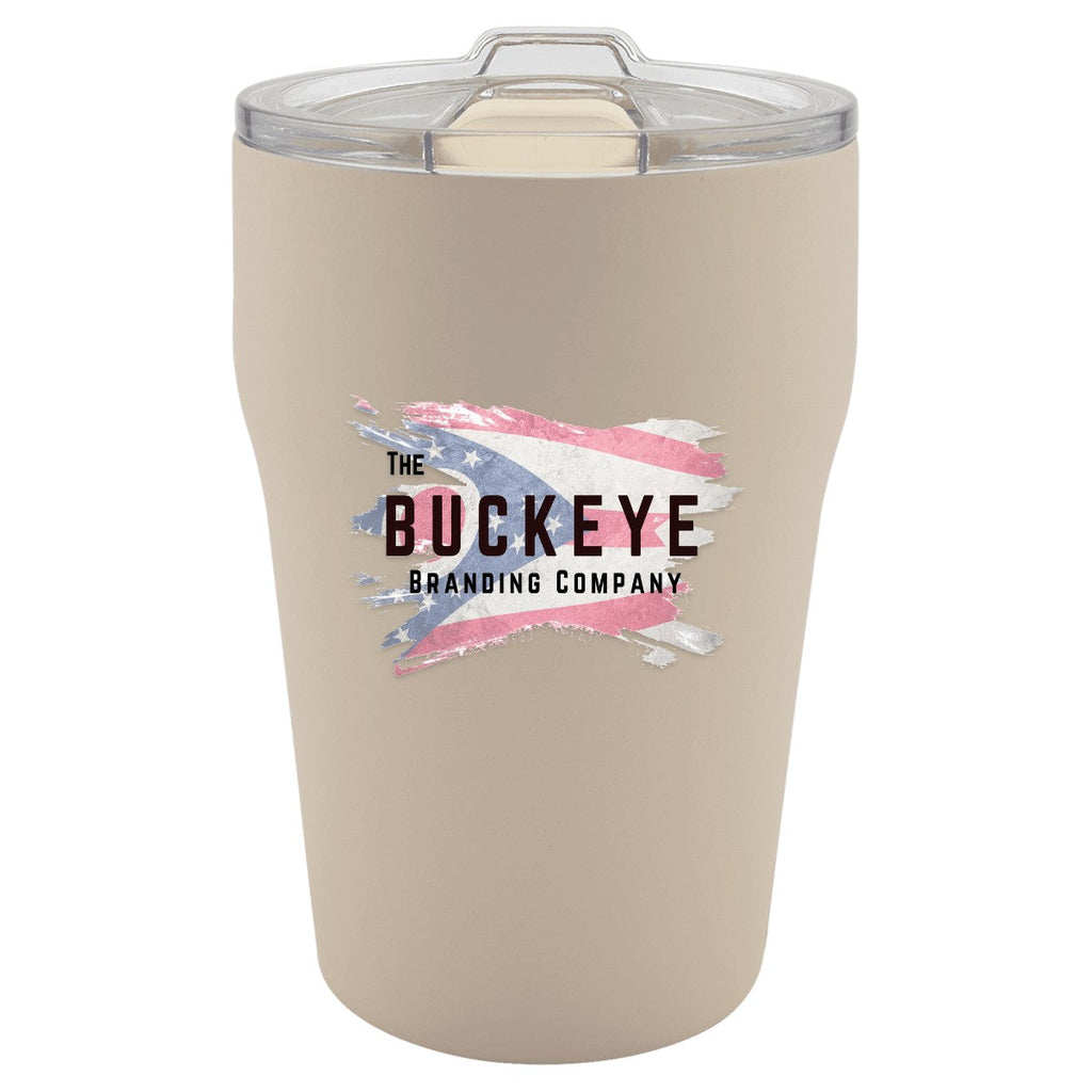 13 oz. ceramic-lined stackable tumbler in Warm Sand, UV printed with a full-color sample logo