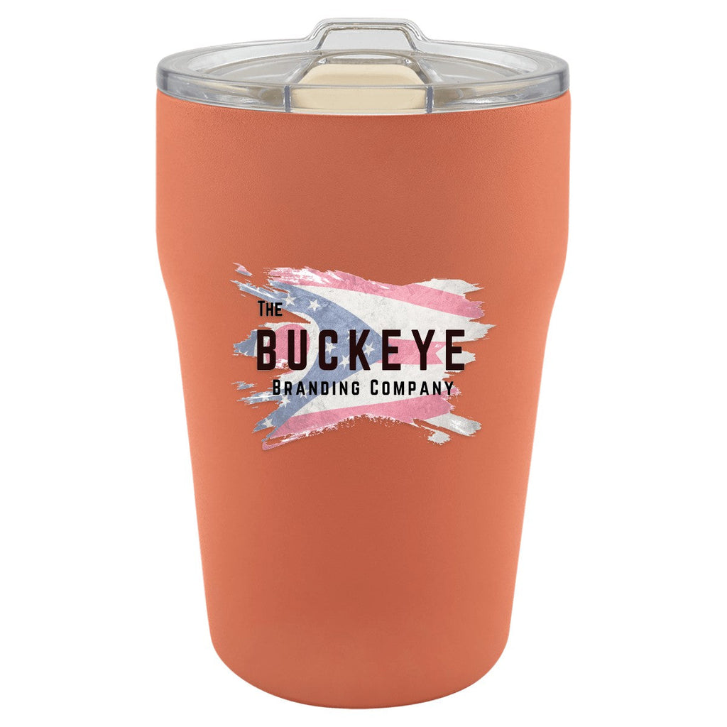 13 oz. ceramic-lined stackable tumbler in Terracotta, UV printed with a full-color sample logo