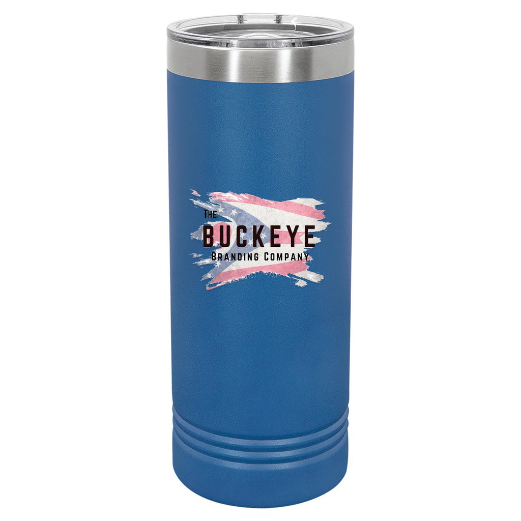 22 oz. skinny tumbler in Royal Blue, UV printed with a full-color sample logo