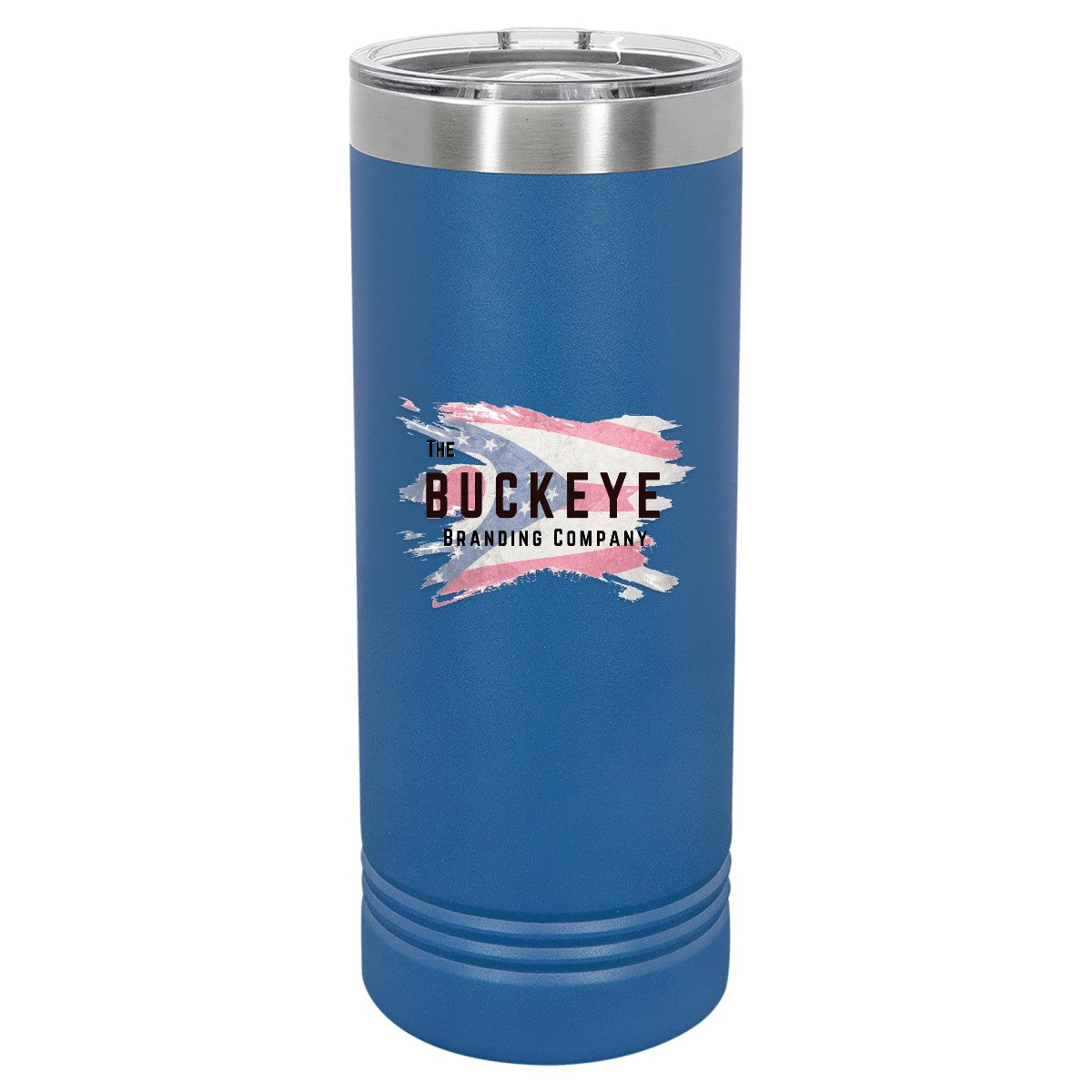 22 oz. skinny tumbler in Royal Blue, UV printed with a full-color sample logo