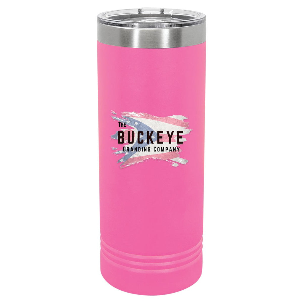 22 oz. skinny tumbler in Pink, UV printed with a full-color sample logo