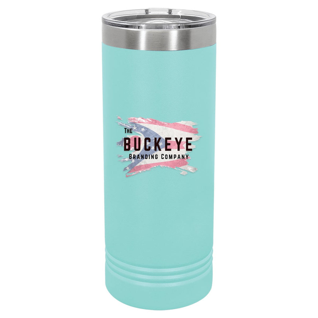 22 oz. skinny tumbler in Teal, UV printed with a full-color sample logo