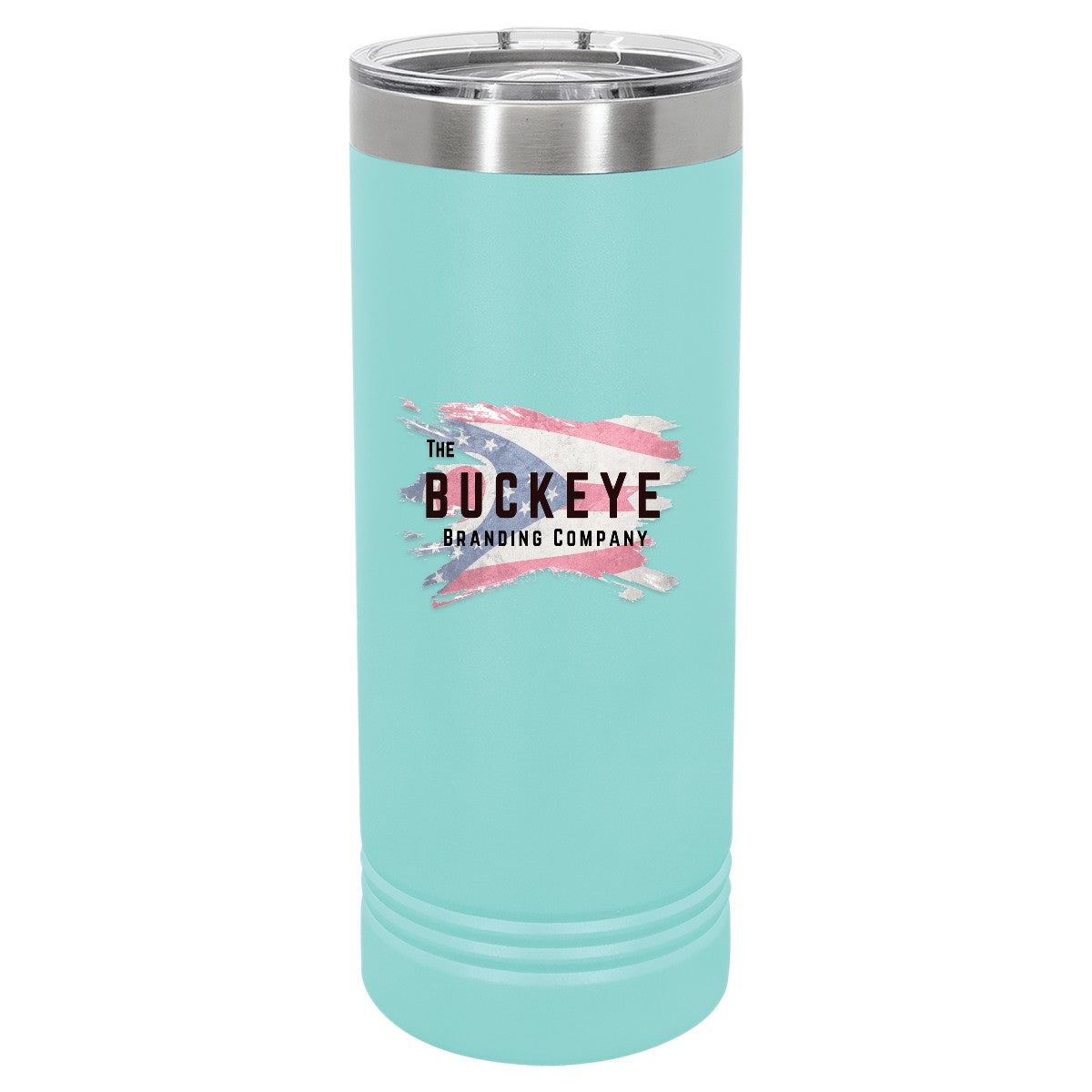 22 oz. skinny tumbler in Teal, UV printed with a full-color sample logo