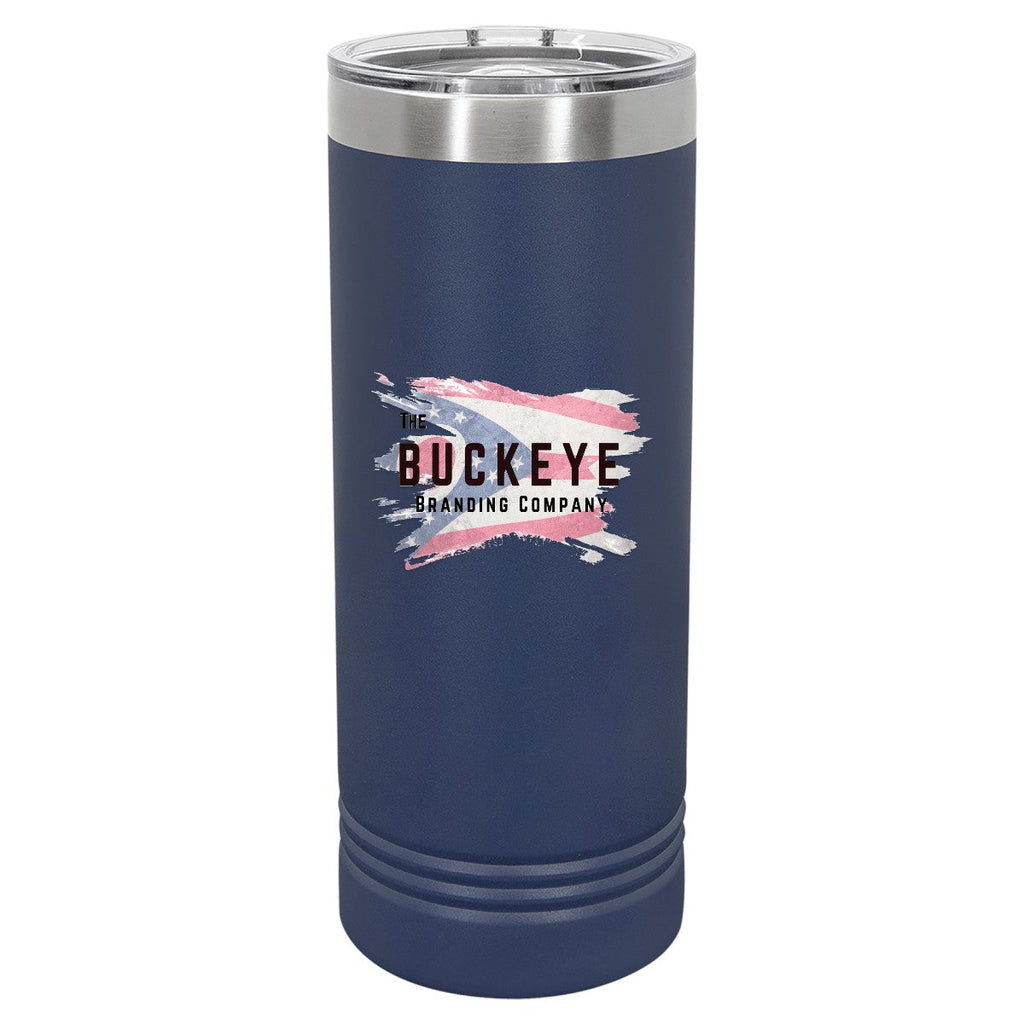 22 oz. skinny tumbler in Navy Blue, UV printed with a full-color sample logo