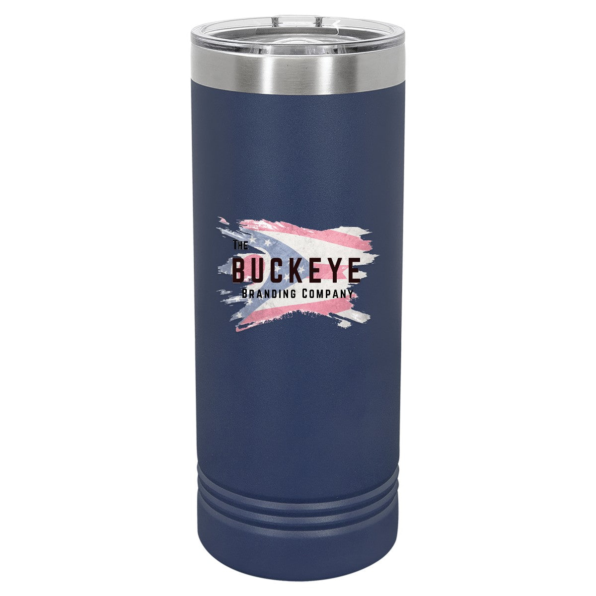 22 oz. skinny tumbler in Navy Blue, UV printed with a full-color sample logo