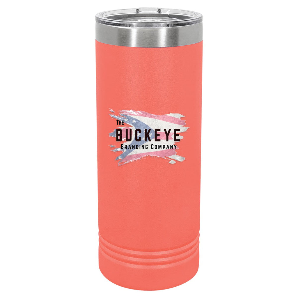 22 oz. skinny tumbler in Coral, UV printed with a full-color sample logo