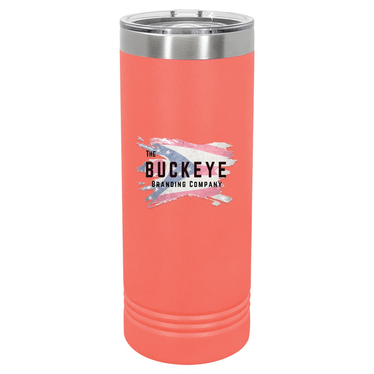 22 oz. skinny tumbler in Coral, UV printed with a full-color sample logo