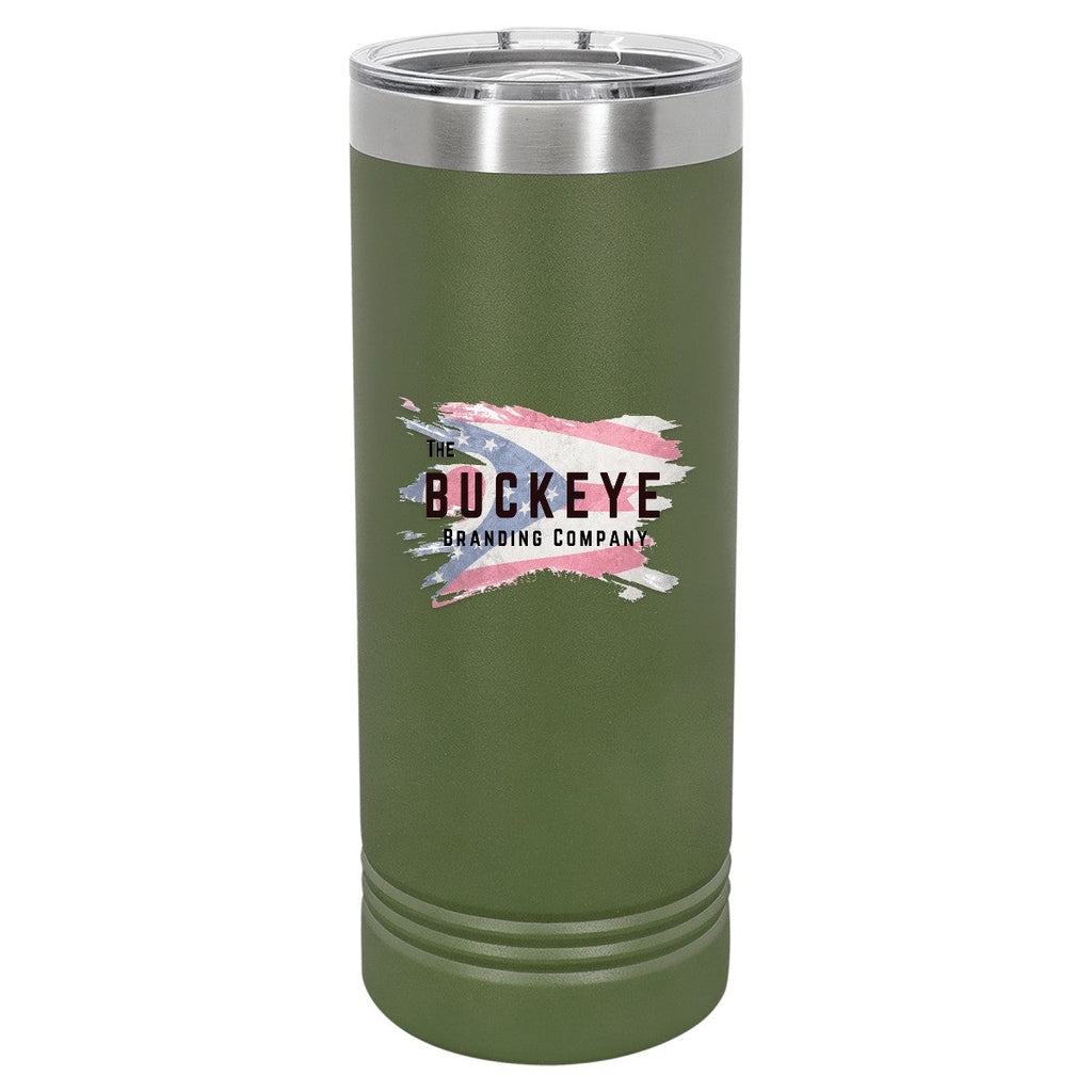 22 oz. skinny tumbler in Olive Green, UV printed with a full-color sample logo