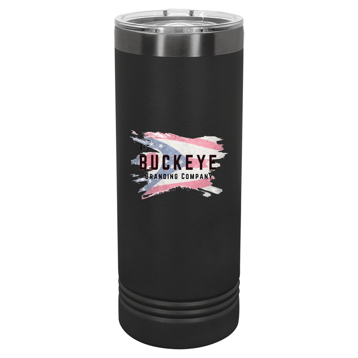 22 oz. skinny tumbler in Black/Ghost Black, UV printed with a full-color sample logo
