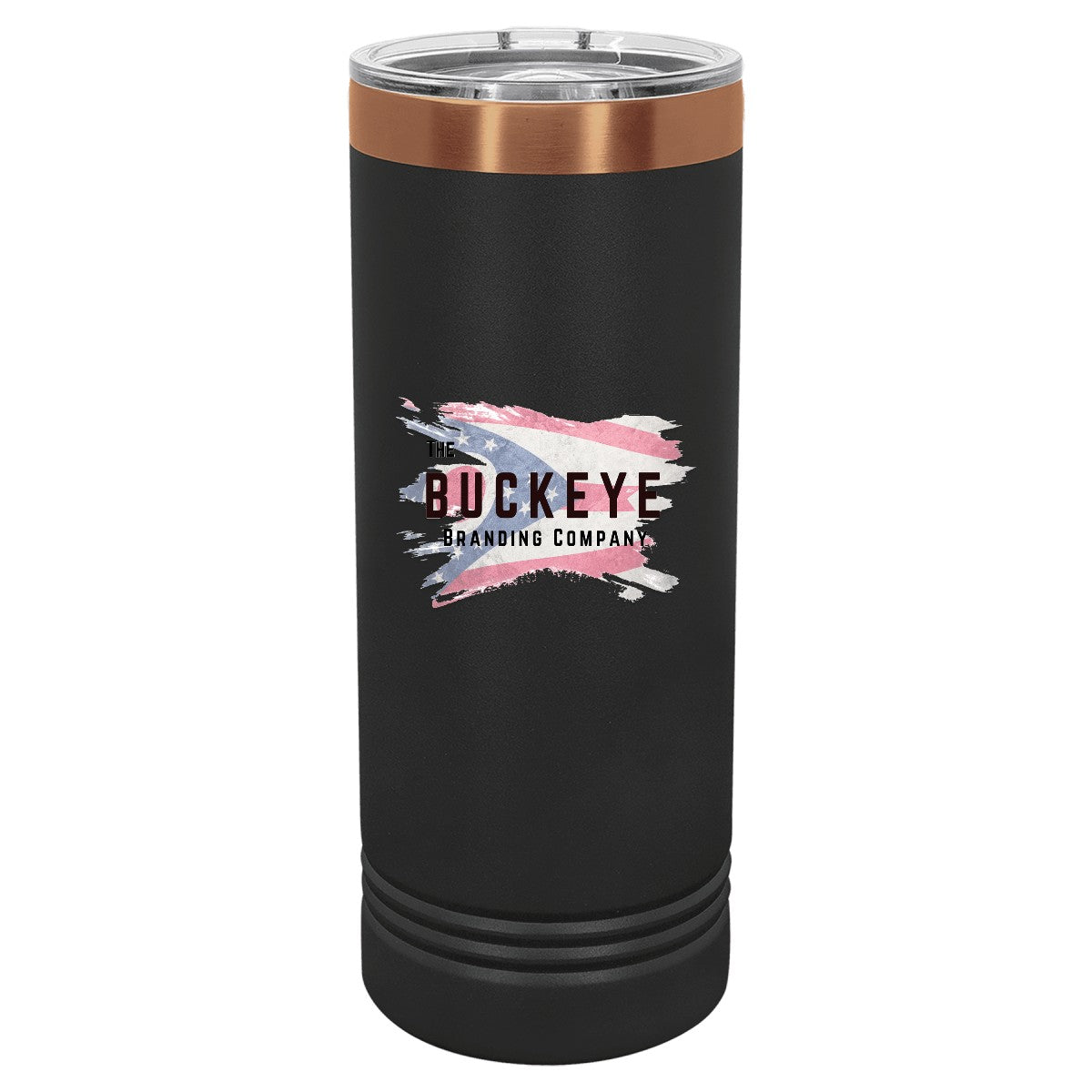 22 oz. skinny tumbler in Black/Rose Gold, UV printed with a full-color sample logo