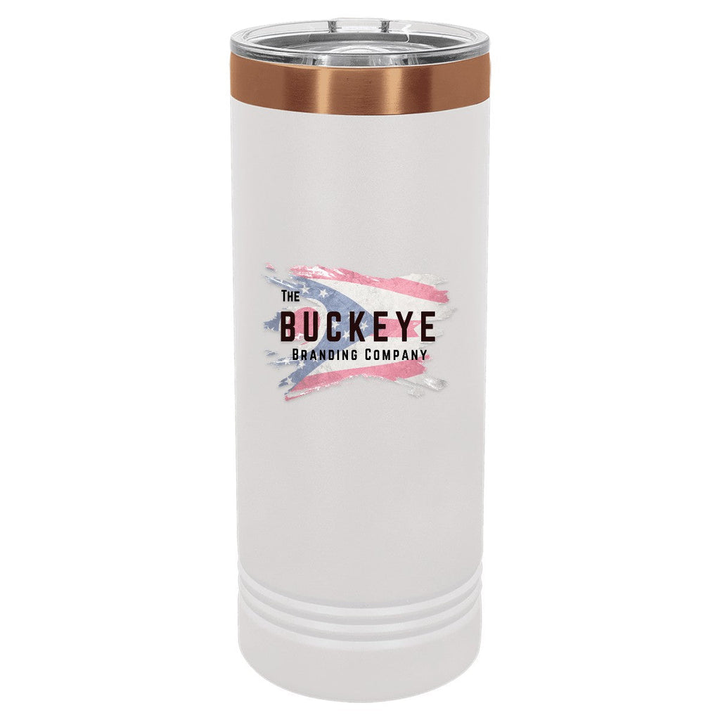 22 oz. skinny tumbler in White/Rose Gold, UV printed with a full-color sample logo