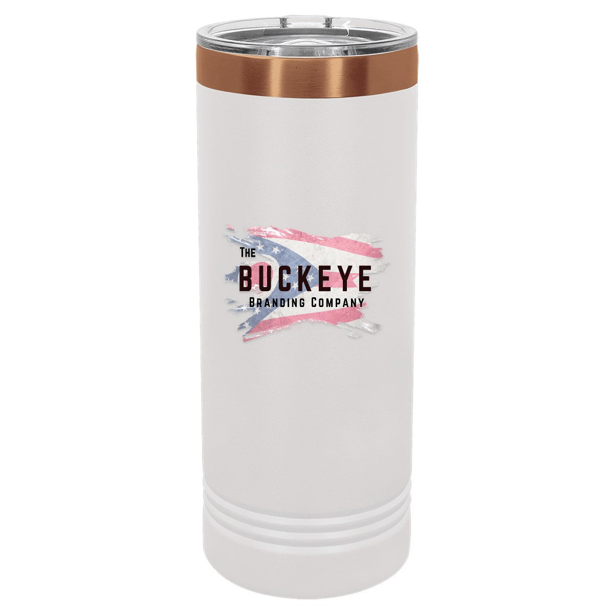 22 oz. skinny tumbler in White/Rose Gold, UV printed with a full-color sample logo