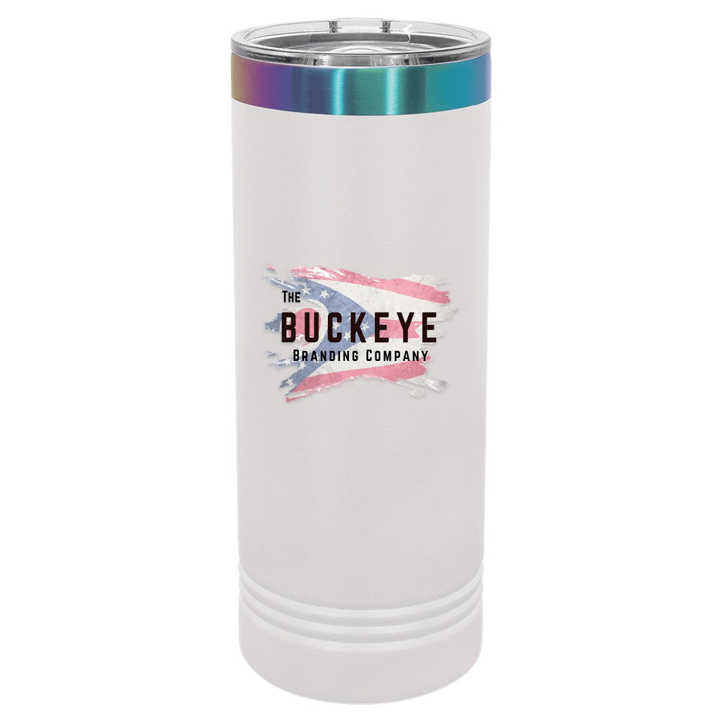 22 oz. skinny tumbler in White/Prism, UV printed with a full-color sample logo