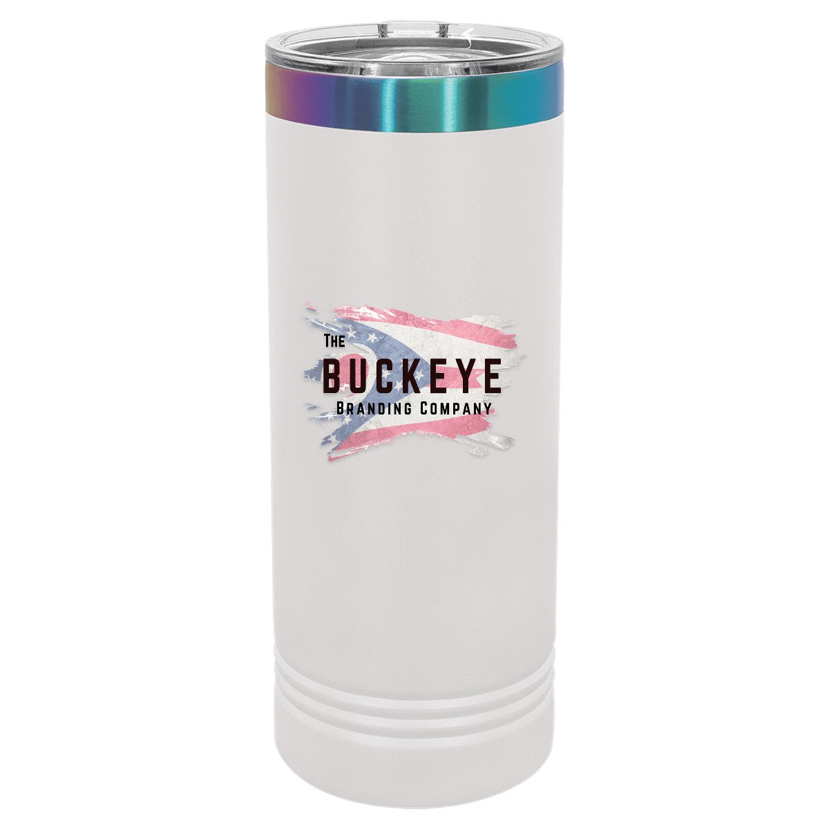 22 oz. skinny tumbler in White/Prism, UV printed with a full-color sample logo