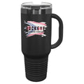 40 oz. tumbler with handle and straw in Black/Ghost Black, UV printed with a full-color sample logo