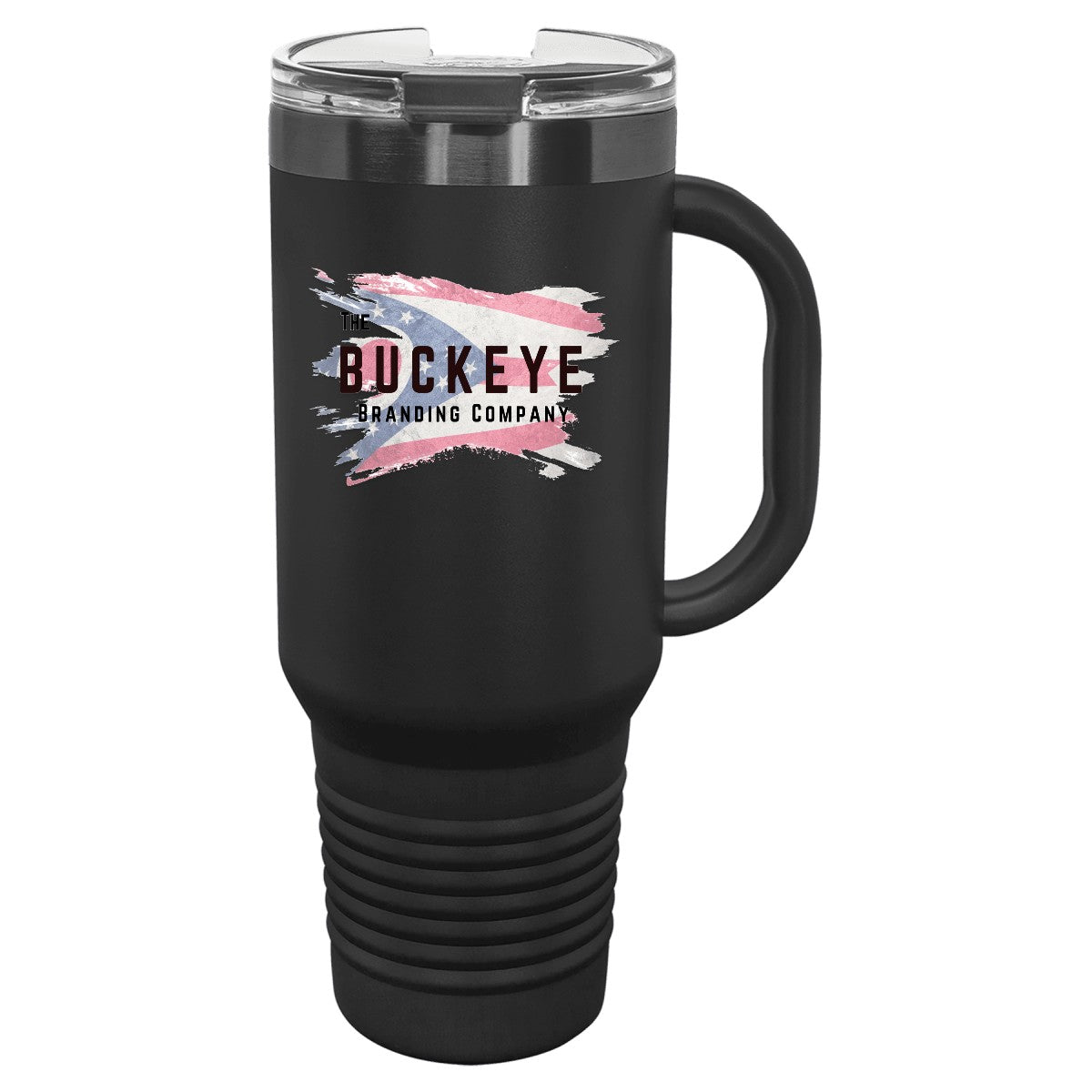 40 oz. tumbler with handle and straw in Black/Ghost Black, UV printed with a full-color sample logo