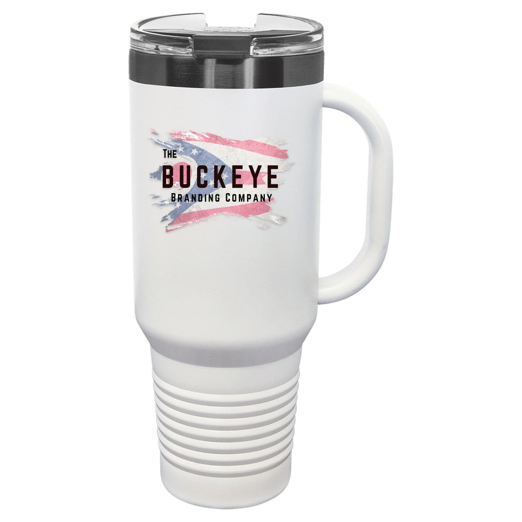 40 oz. tumbler with handle and straw in White/Ghost Black, UV printed with a full-color sample logo