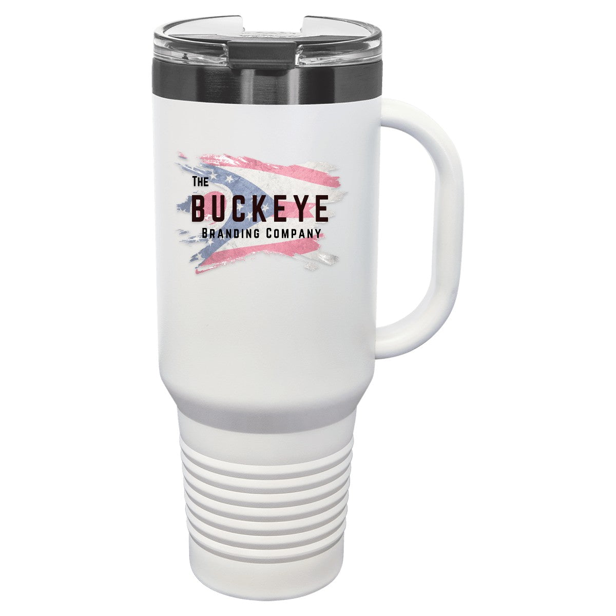 40 oz. tumbler with handle and straw in White/Ghost Black, UV printed with a full-color sample logo