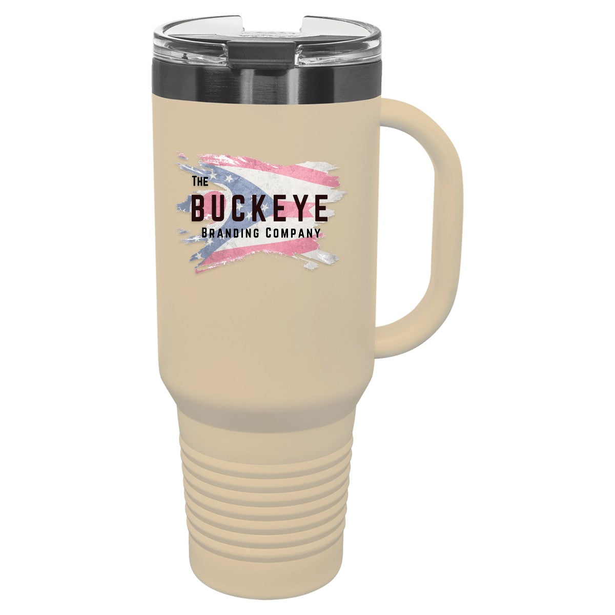 40 oz. tumbler with handle and straw in Warm Sand/Ghost Black, UV printed with a full-color sample logo