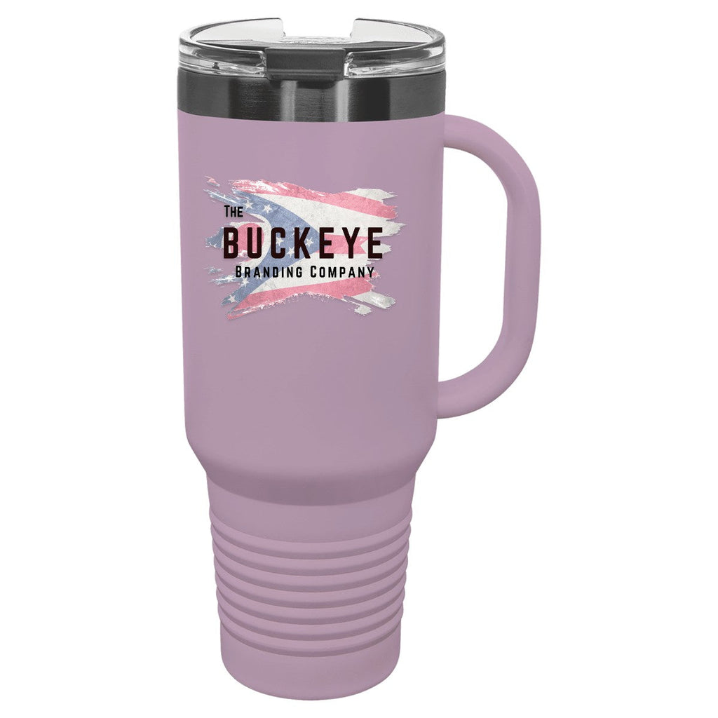 40 oz. tumbler with handle and straw in Moody Lilac/Ghost Black, UV printed with a full-color sample logo