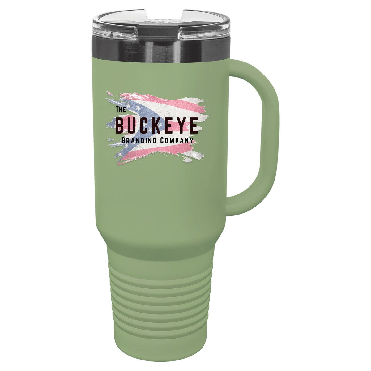 40 oz. tumbler with handle and straw in Summer Sage/Ghost Black, UV printed with a full-color sample logo