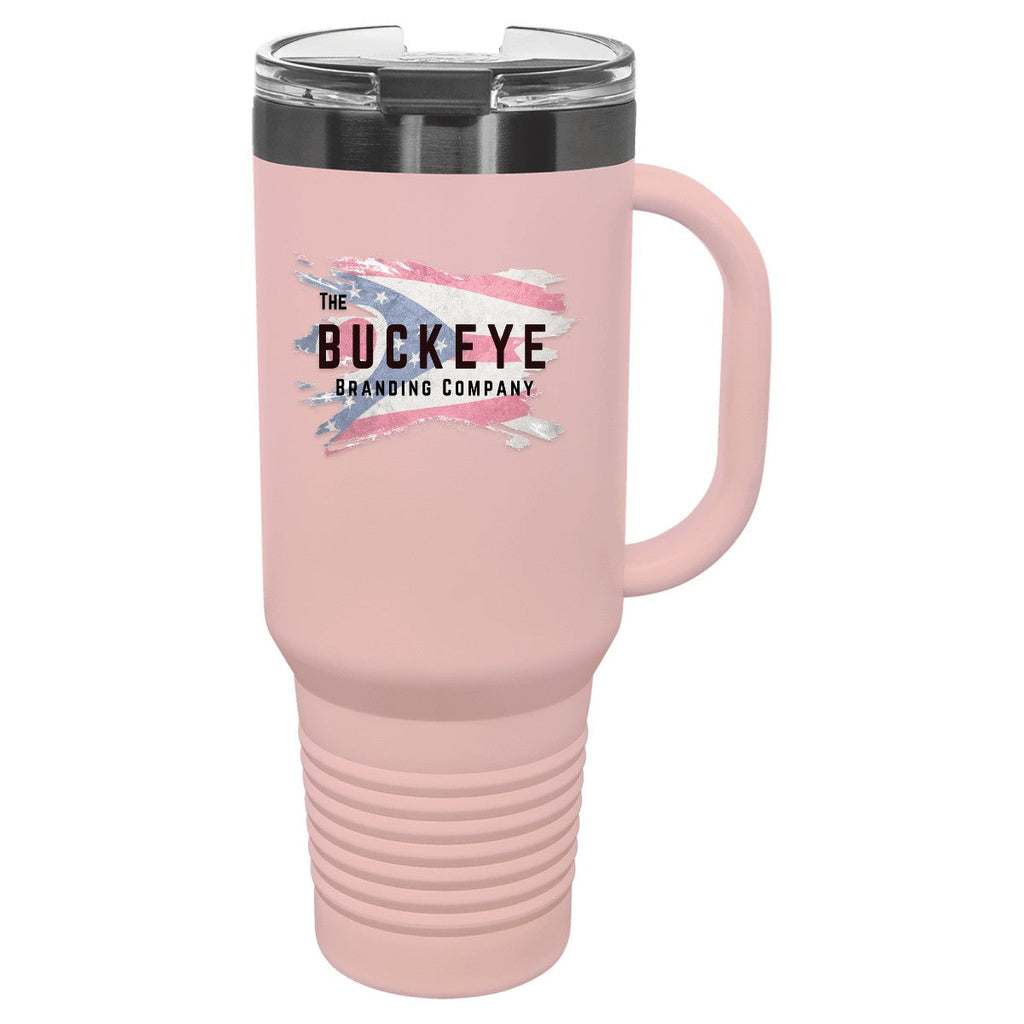 40 oz. tumbler with handle and straw in Blush/Ghost Black, UV printed with a full-color sample logo