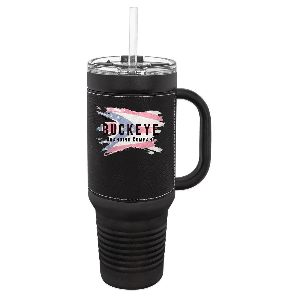 40 oz. tumbler with handle and straw in Black with Black/Silver Leatherette, UV printed with a full-color sample logo