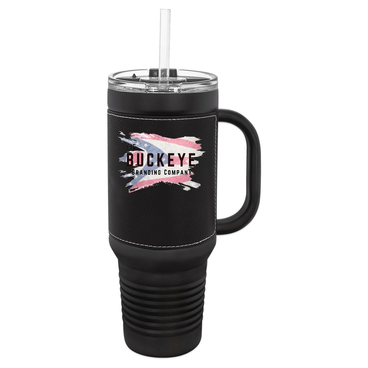 40 oz. tumbler with handle and straw in Black with Black/Silver Leatherette, UV printed with a full-color sample logo