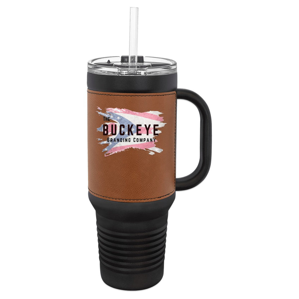 40 oz. tumbler with handle and straw in Black with Rawhide Leatherette, UV printed with a full-color sample logo