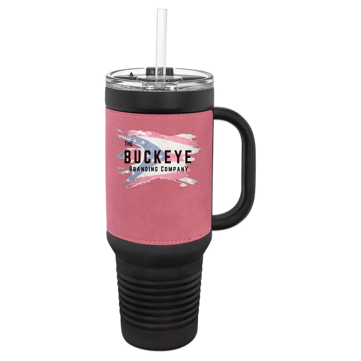 40 oz. tumbler with handle and straw in Black with Pink Leatherette, UV printed with a full-color sample logo