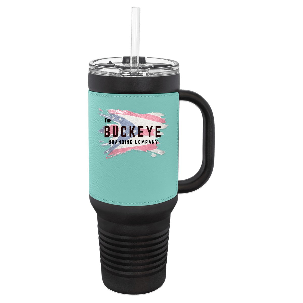 40 oz. tumbler with handle and straw in Black with Teal Leatherette, UV printed with a full-color sample logo