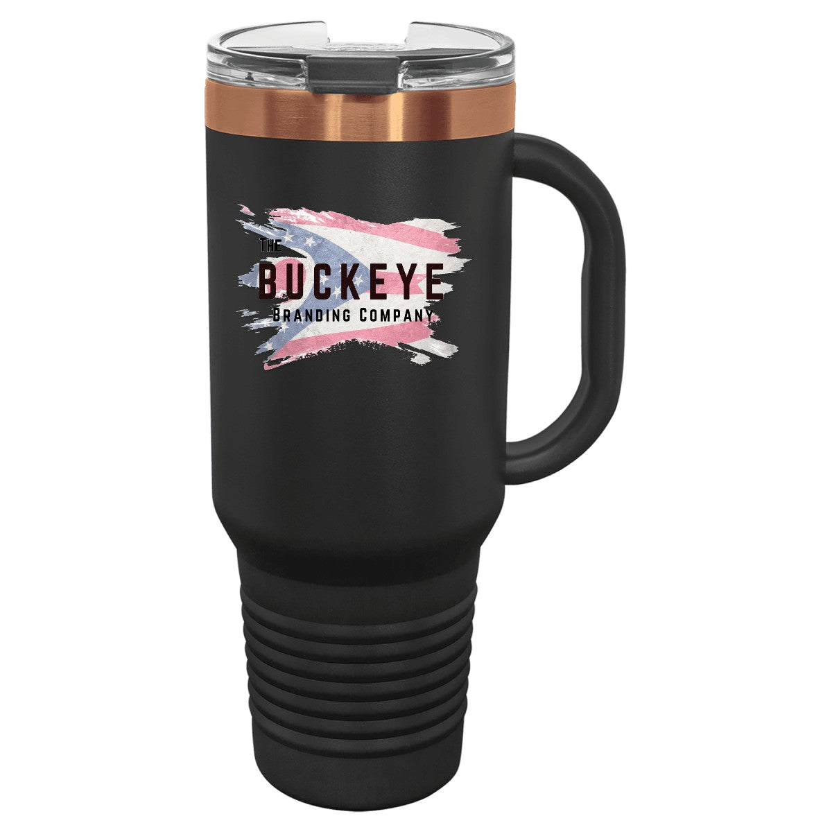 40 oz. tumbler with handle and straw in Black/Rose Gold, UV printed with a full-color sample logo