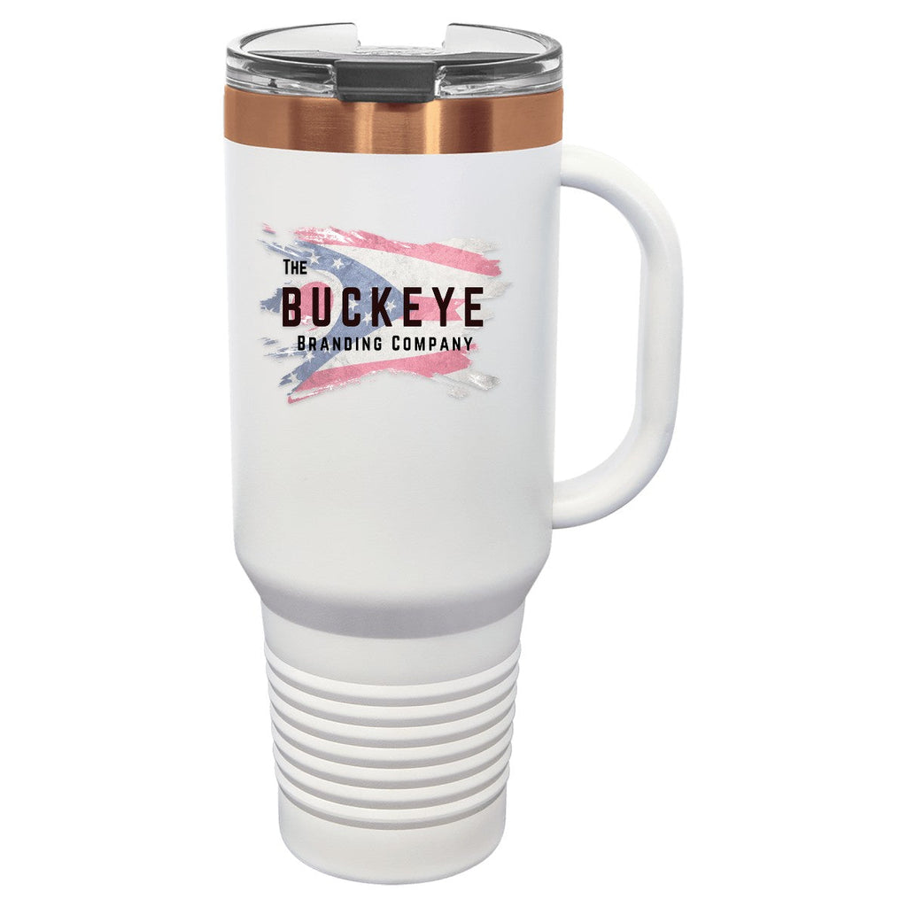 40 oz. tumbler with handle and straw in White/Rose Gold, UV printed with a full-color sample logo