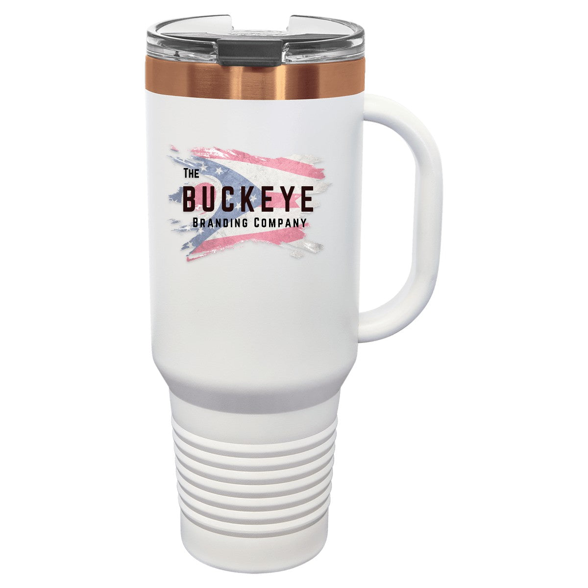 40 oz. tumbler with handle and straw in White/Rose Gold, UV printed with a full-color sample logo