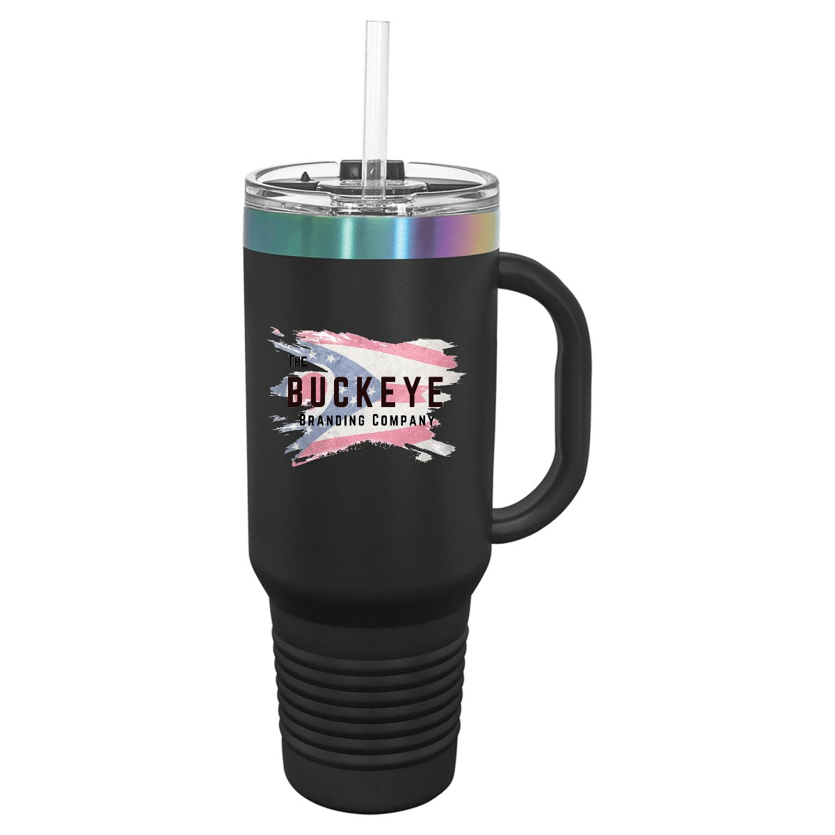 40 oz. tumbler with handle and straw in Black/Prism, UV printed with a full-color sample logo