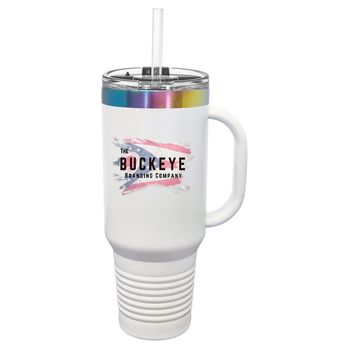 40 oz. tumbler with handle and straw in White/Prism, UV printed with a full-color sample logo