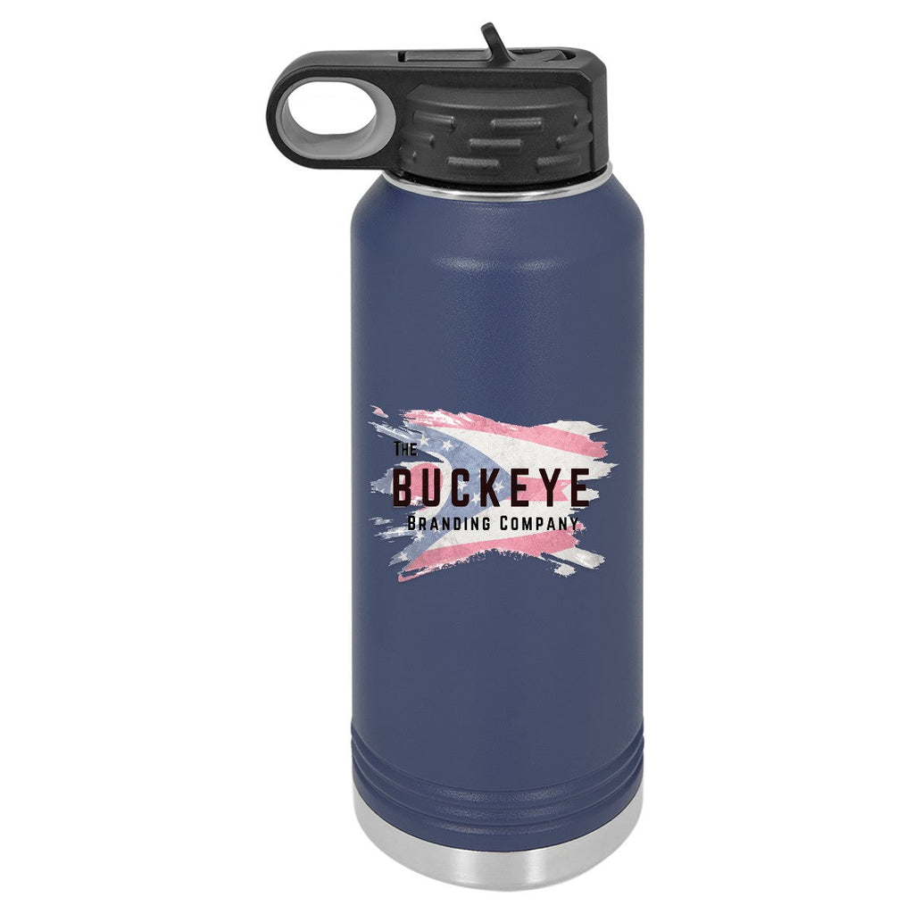 32 oz. insulated water bottle in Navy Blue, UV printed with a full-color sample logo