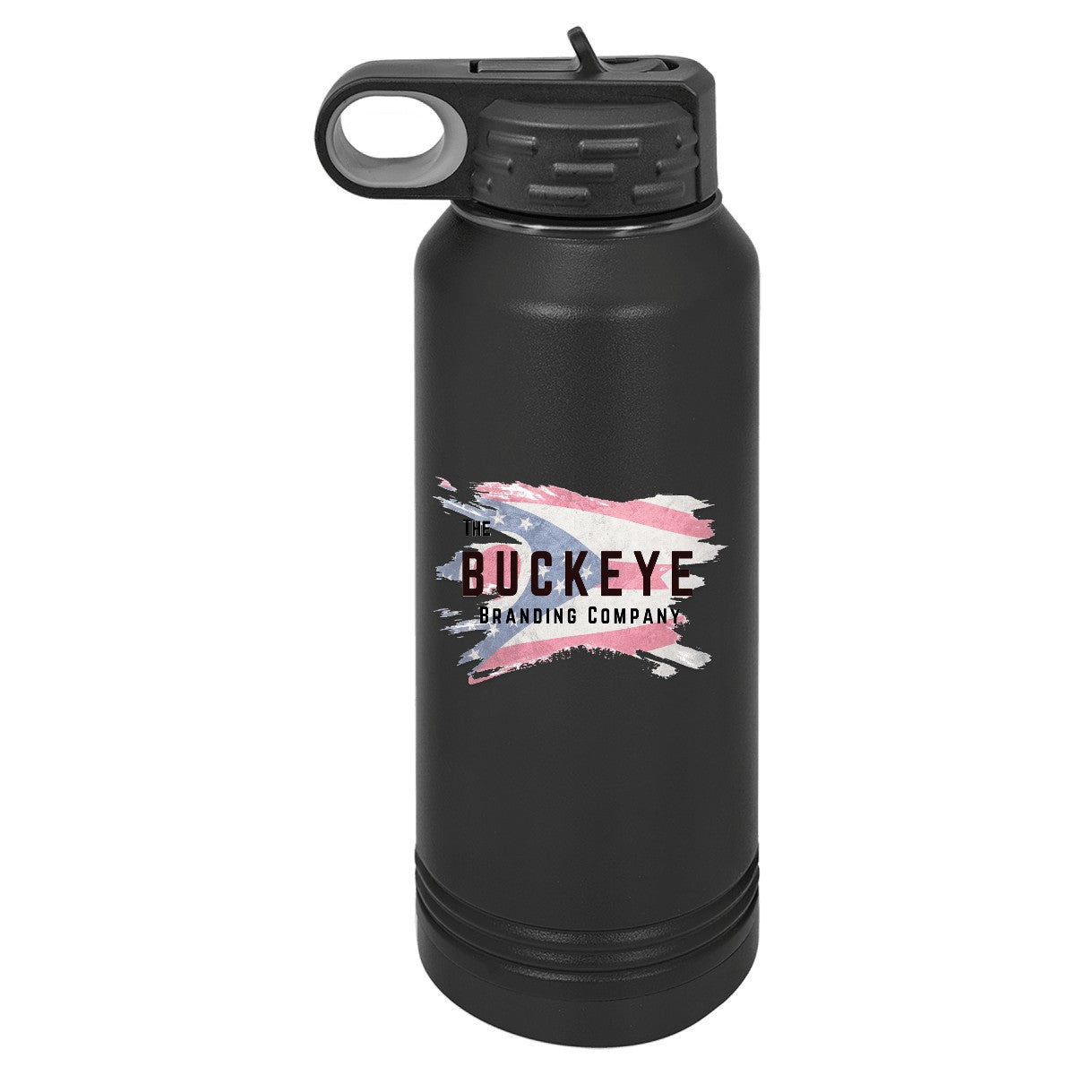 32 oz. insulated water bottle in Black/Ghost Black, UV printed with a full-color sample logo