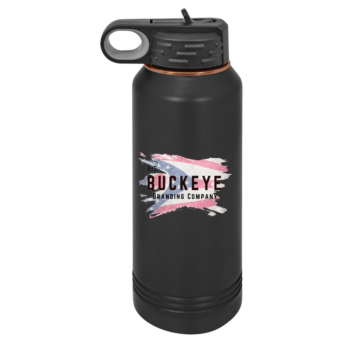 32 oz. insulated water bottle in Black/Rose Gold, UV printed with a full-color sample logo
