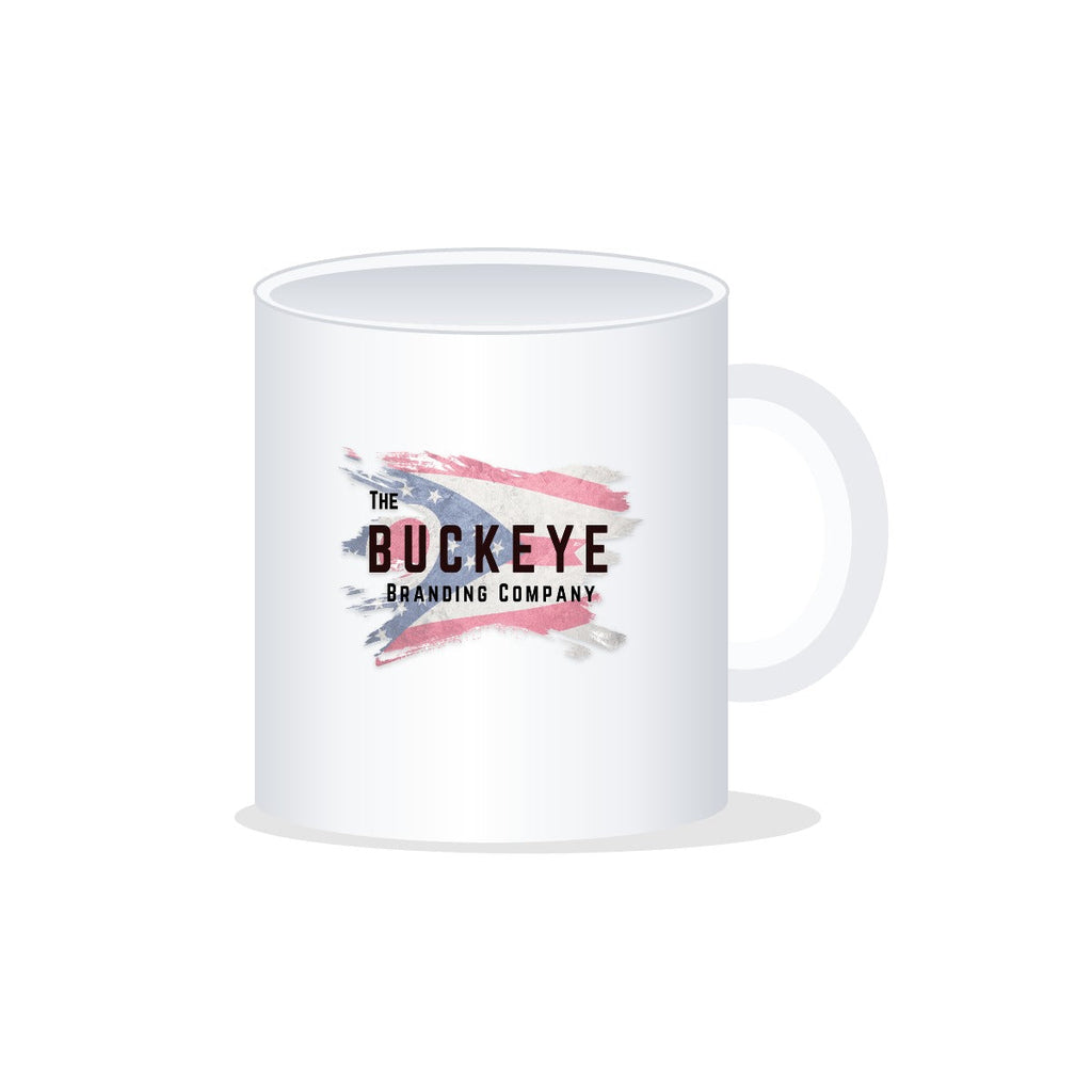 11 oz. white ceramic coffee mug, UV printed with a full-color sample logo