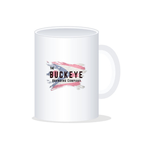 15 oz. white ceramic coffee mug, UV printed with a full-color sample logo