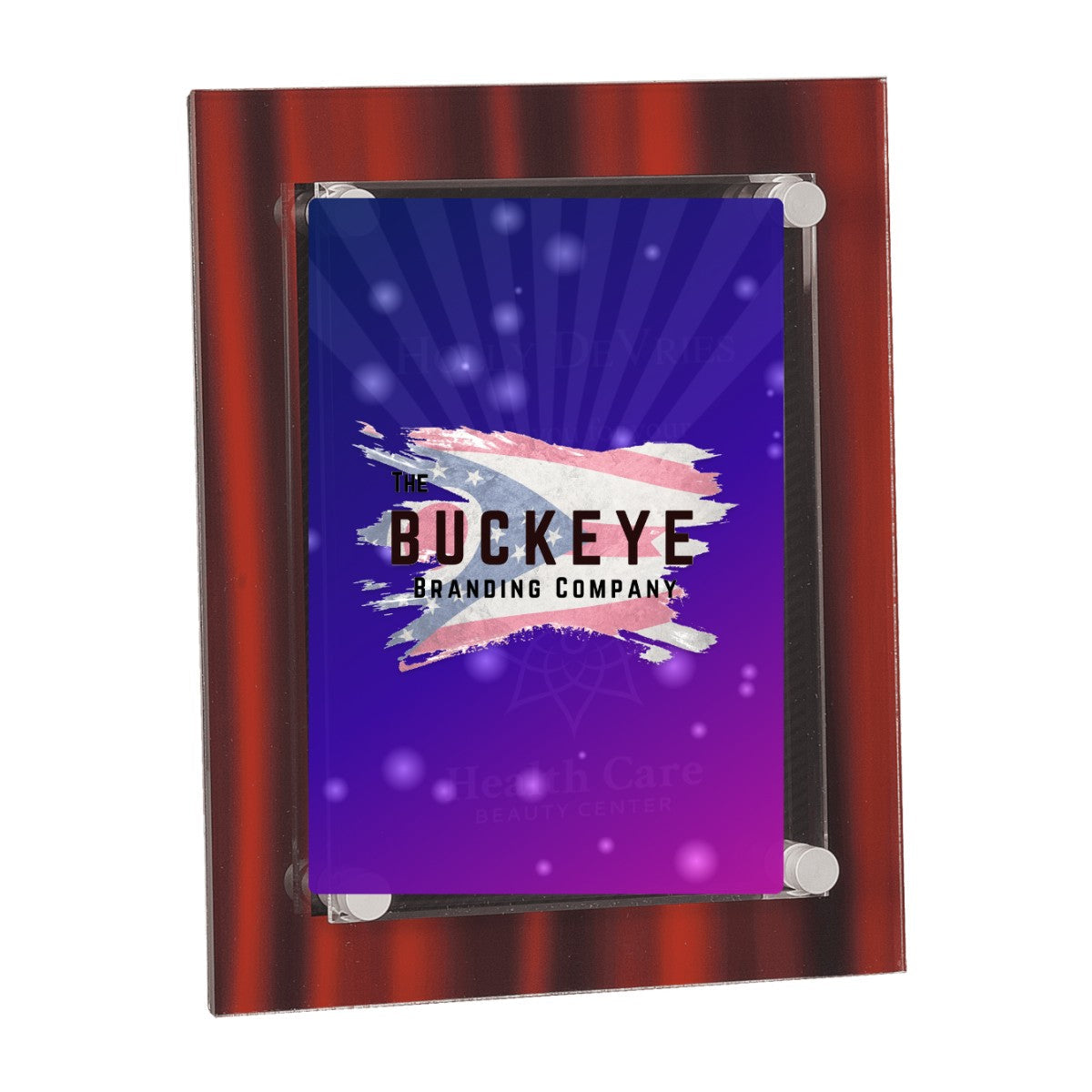 8 x 10 in. red velvet stand-off acrylic plaque, UV printed with a full-color sample logo
