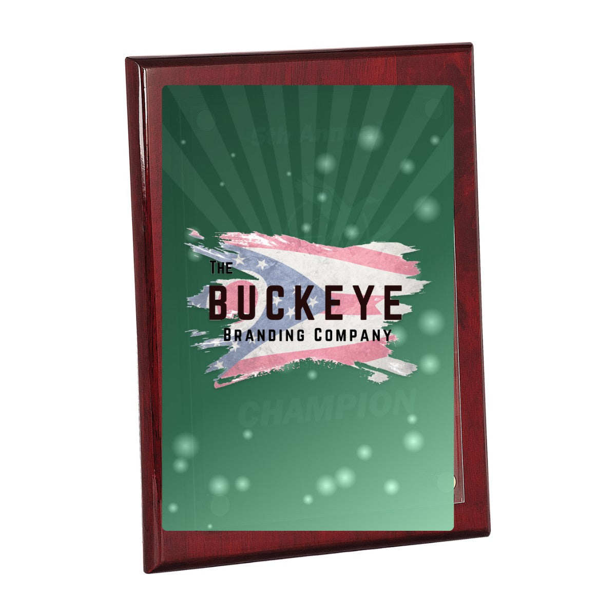 10 1/2 x 13 in. rosewood piano finish floating acrylic plaque, UV printed with a full-color sample logo