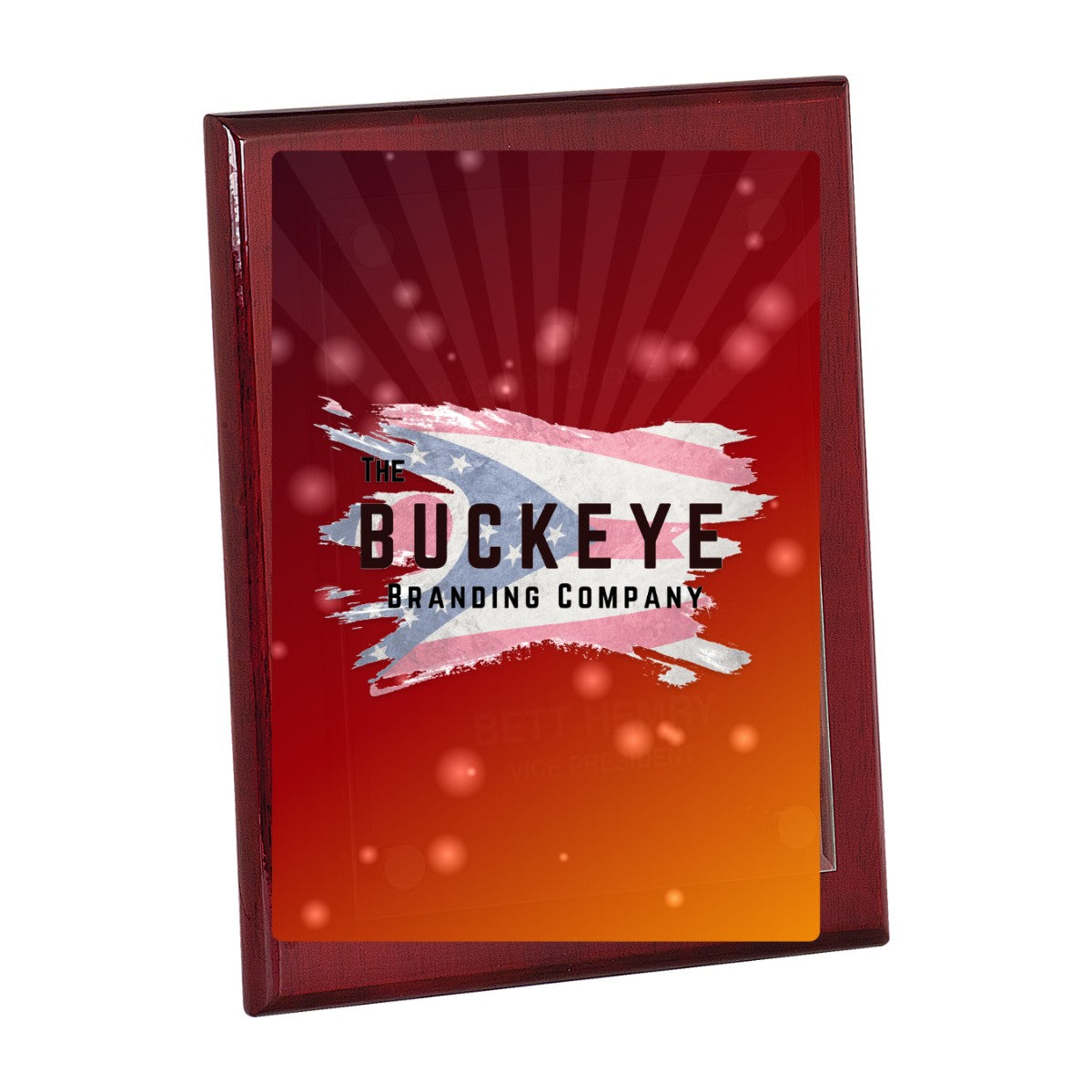 8 x 10 in. rosewood piano finish floating acrylic plaque, UV printed with a full-color sample logo