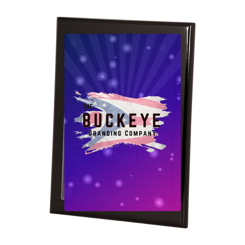 10 1/2 x 13 in. black piano finish floating acrylic plaque, UV printed with a full-color sample logo