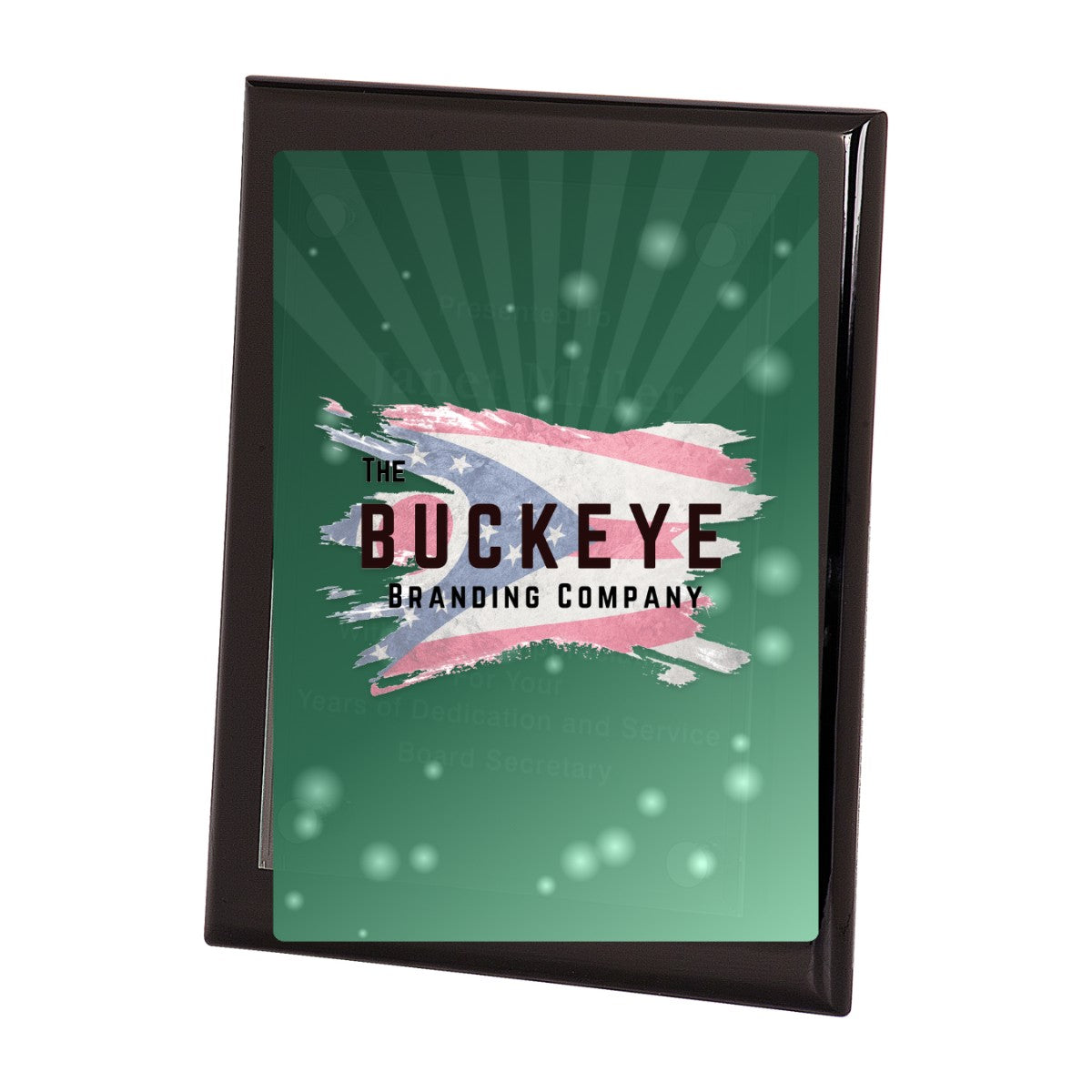 8 x 10 in. black piano finish floating acrylic plaque, UV printed with a full-color sample logo