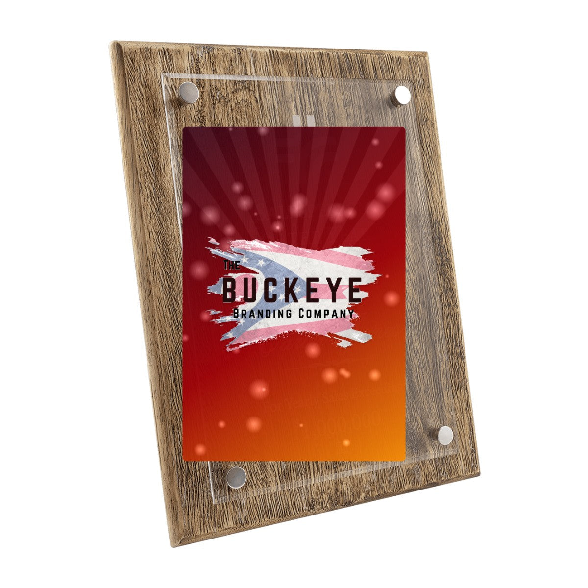 9 x 12 in. barnwood floating acrylic plaque, UV printed with a full-color sample logo